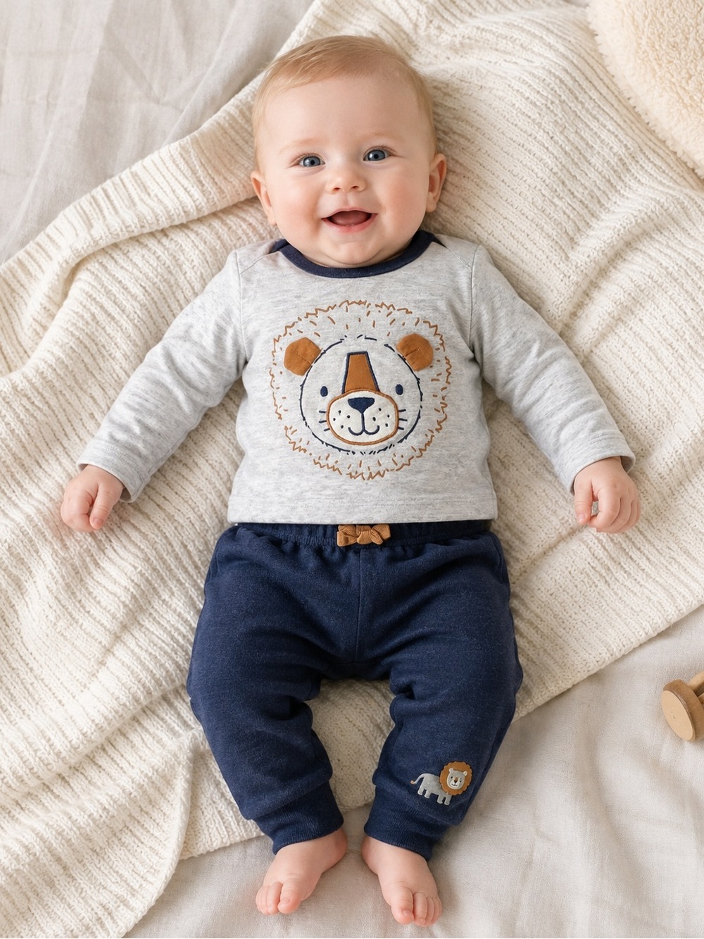 Little Me Baby Boy 3M Lion Appliqué Long Sleeve Top & Navy Pants 2-Piece Set